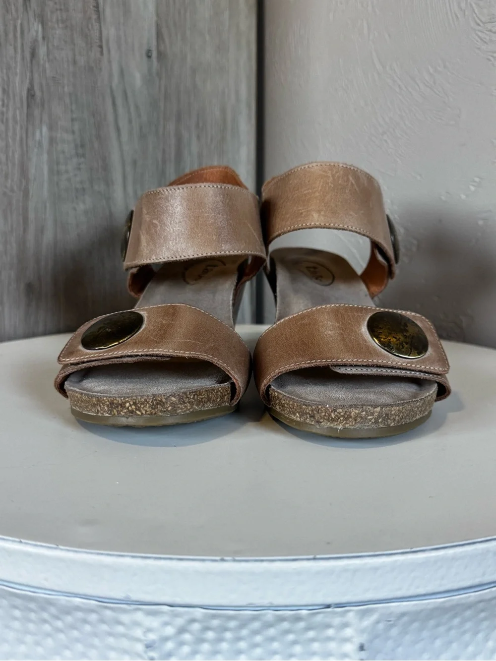Taos Women's Tan Wedge Sandals with Decorative Button Accent